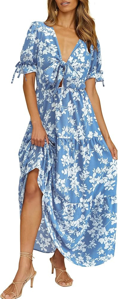 BTFBM Women's 2024 Summer Boho Dress Tie Front Deep V Neck Cutout Short Sleeve Floral Casual Part... | Amazon (US)
