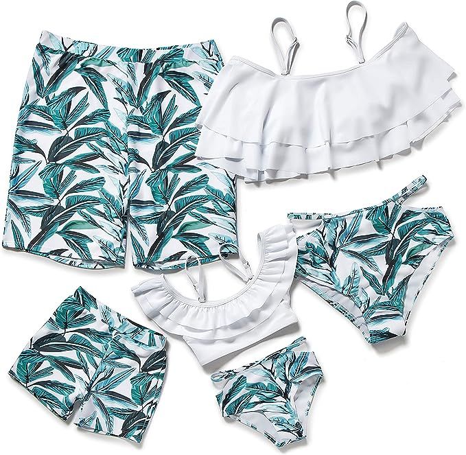 Herbeeza Family Matching Swimsuits, Two Piece Swimsuit High Waisted Off Shoulder Ruffled Printed ... | Amazon (US)