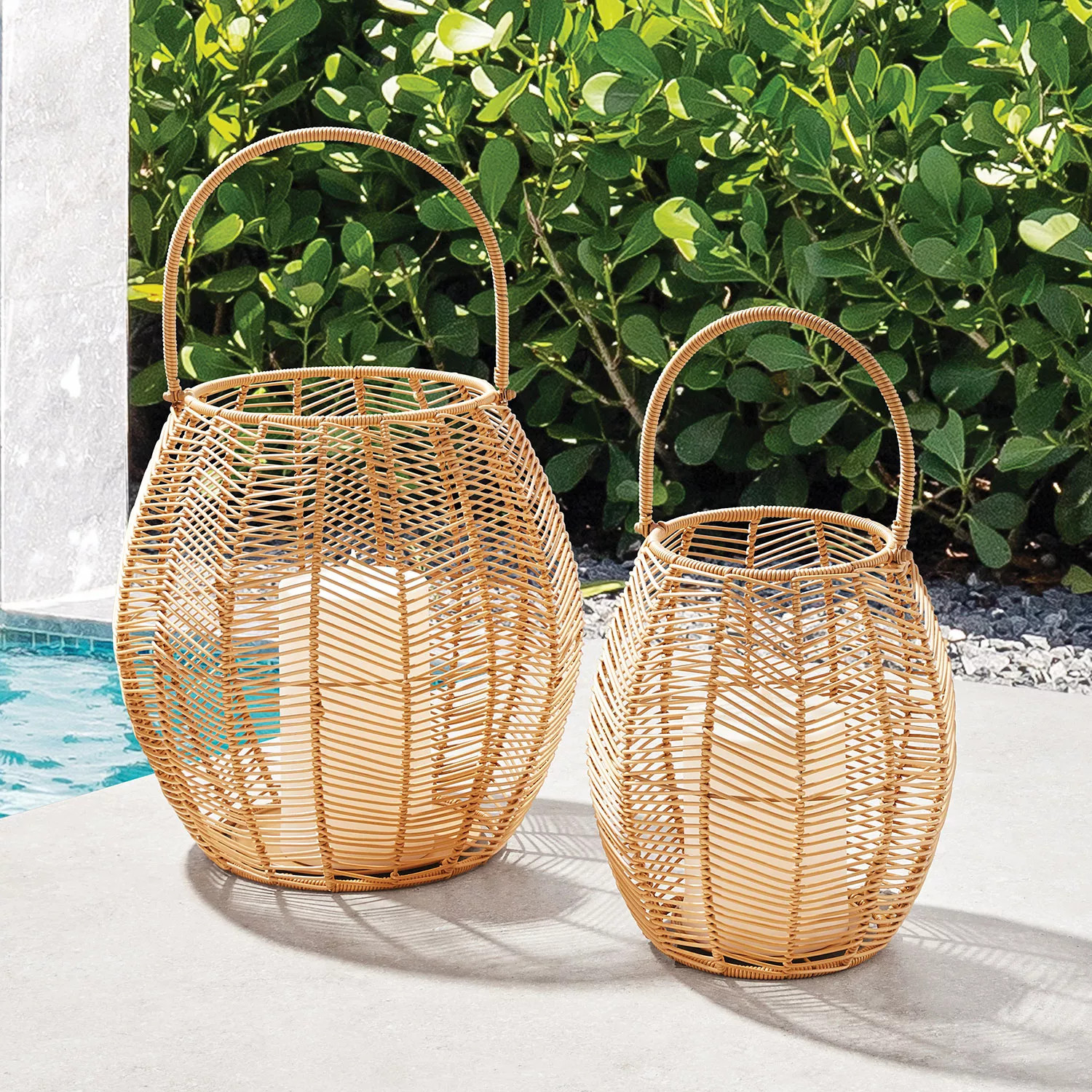 Member's Mark Set of 2 Resin Rattan Lanterns with Flameless Pillar Candles | Sam's Club