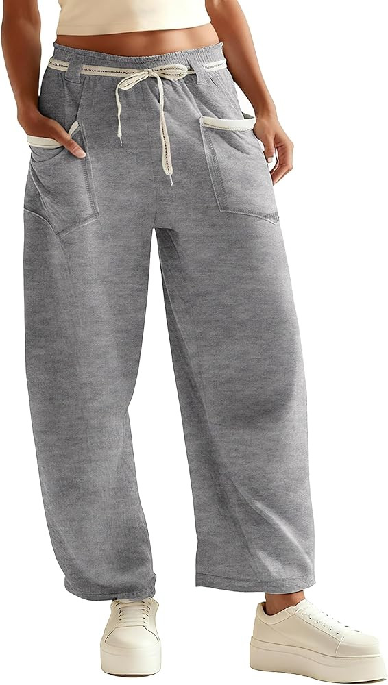 Womens Barrel Pants Drawstring Wide Leg Lounge Sweatpant Casual Baggy Palazzo Pants with Pockets | Amazon (US)