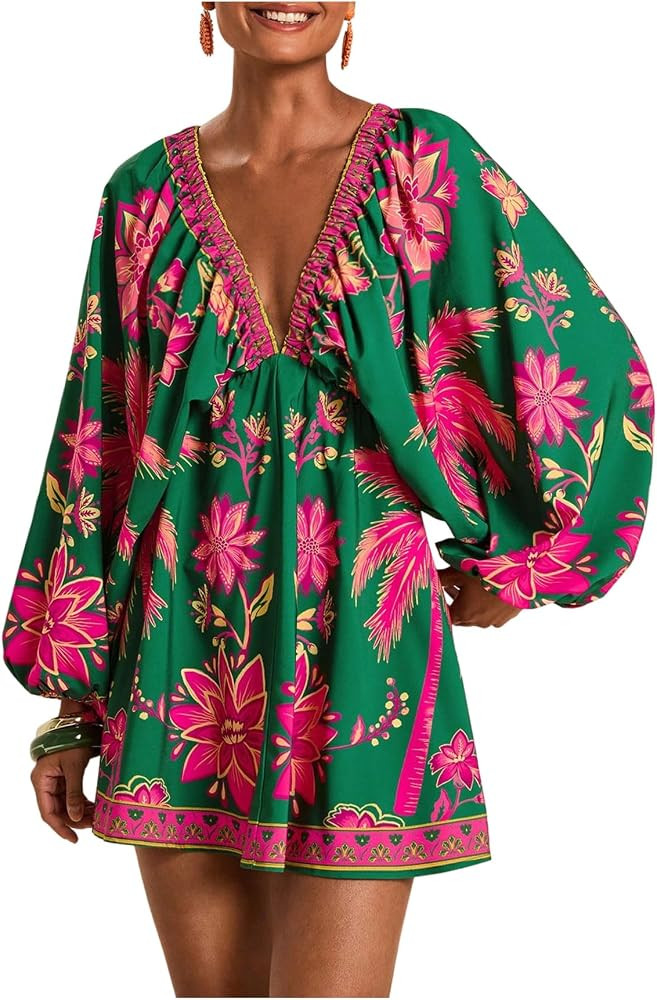 RoseSeek Women's Boho Floral V Neck Mini Dresses Bishop Sleeve Tie Open Back Tropical Dress | Amazon (US)