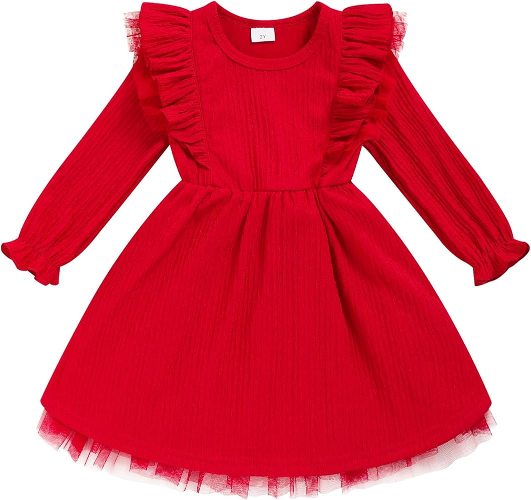 Toddler Girl Dress Fall Ruffle Long Sleeve Baby Girl Solid Color Casual Dresses 2-6Y | Amazon (US)