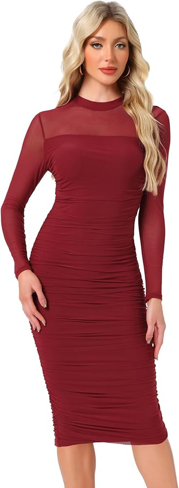 Allegra K Sheer Mesh Dress for Women 2026 Mock Neck Long Sleeve Ruched Elegant Cocktail Valentine... | Amazon (US)
