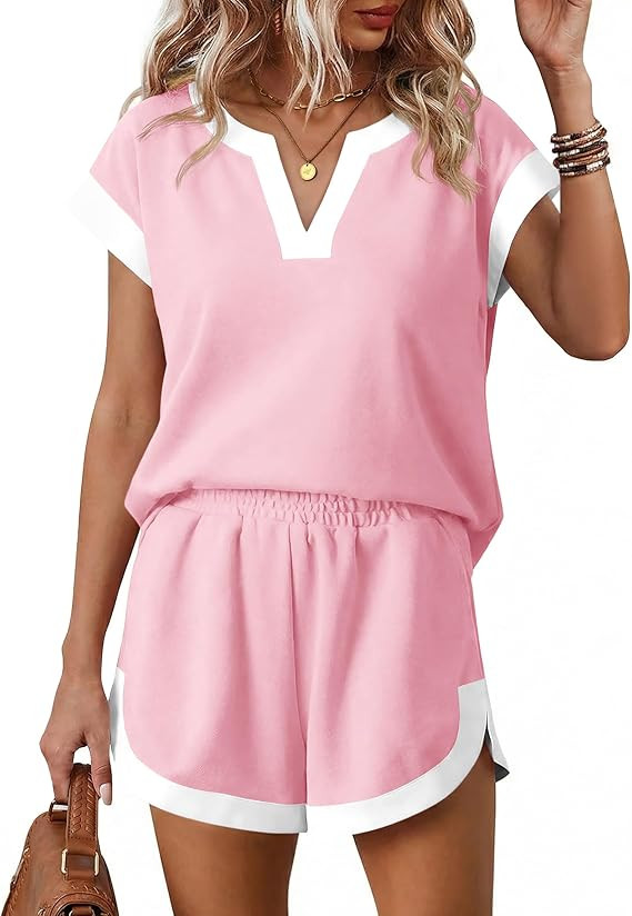 Tankaneo Womens V Neck Color Block Short Sets Summer Short Sleeve T Shirts and Shorts with Pocket... | Amazon (US)