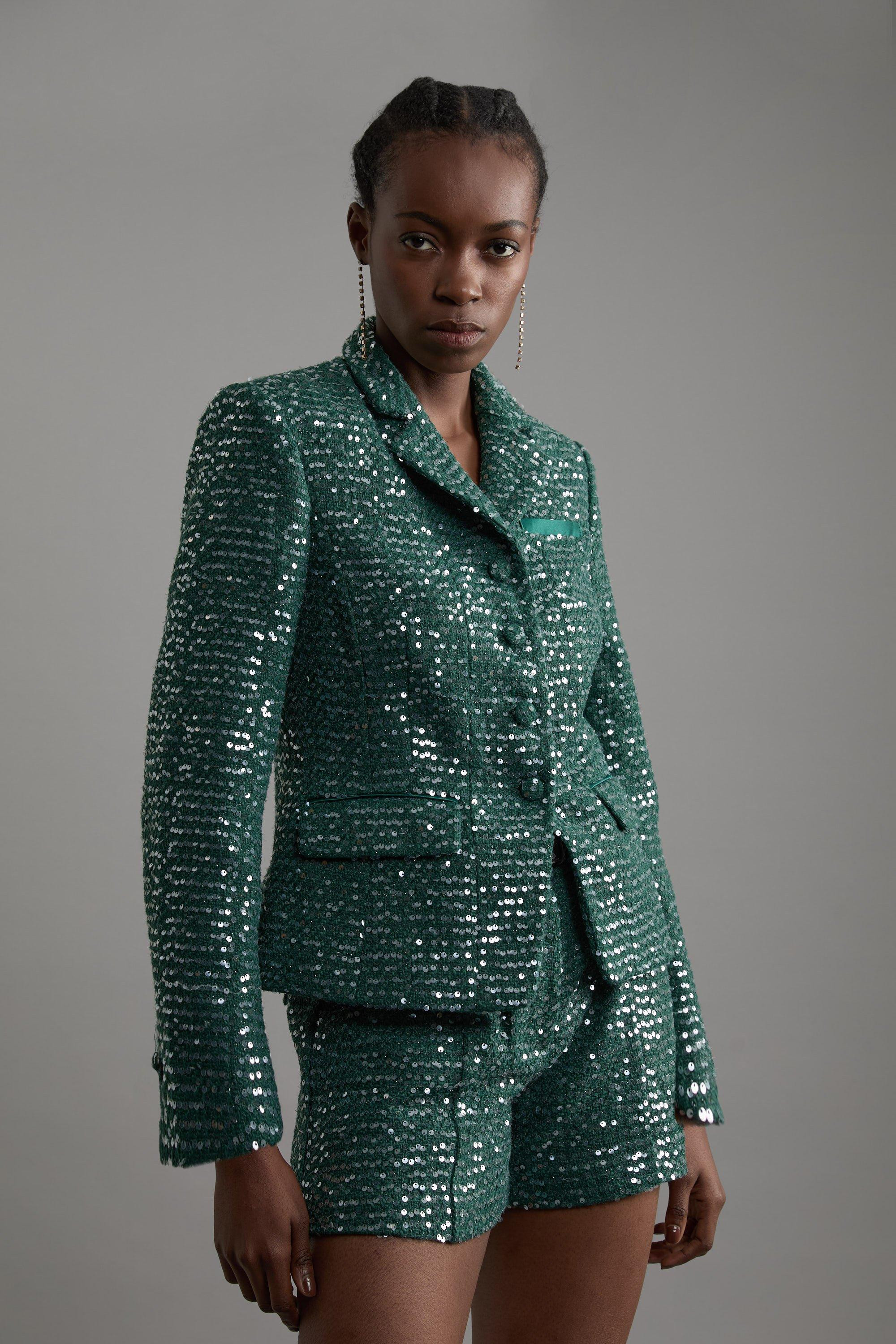 Tailored Sequin Tweed Single Breasted Blazer | Karen Millen US