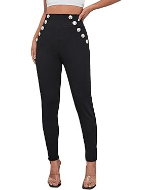 SweatyRocks Women's High Rise Elastic Waist Button Front Pants Elegant Skinny Tight Pants | Amazon (US)