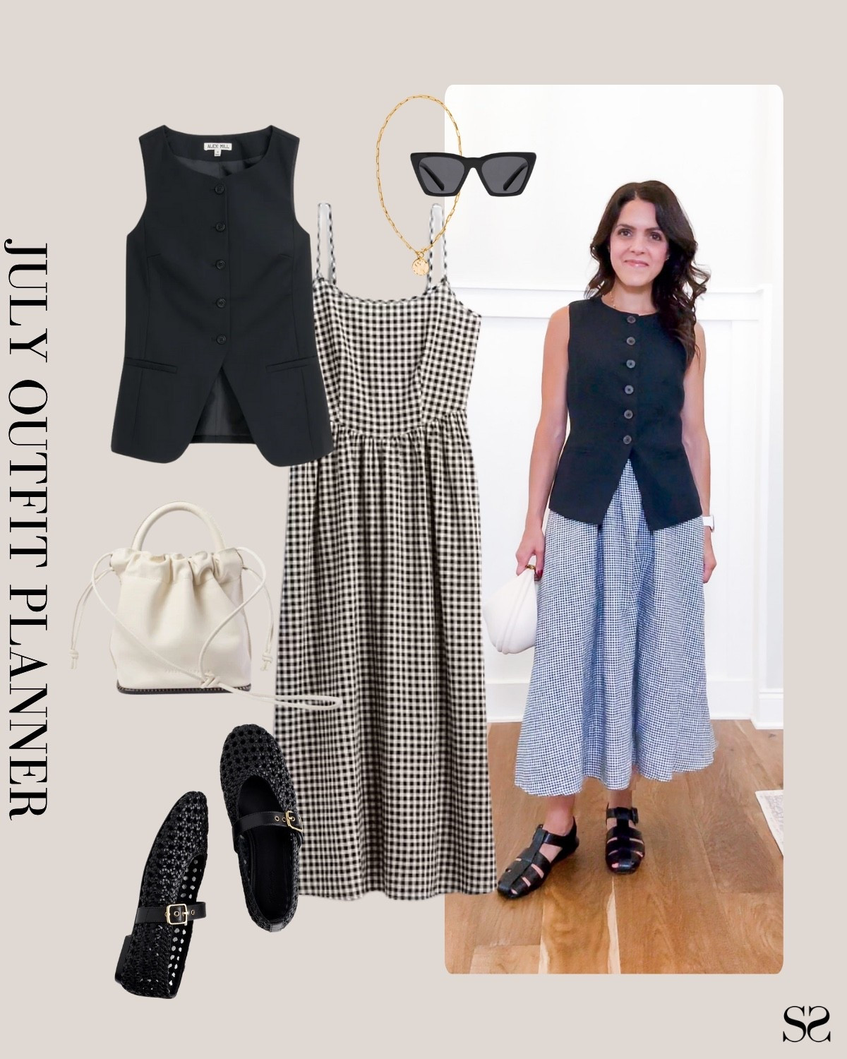 Planner to Person | Monthly outfit planner JULY: What I planned vs. how it’s worn: Summer looks, pin to planner outfit inspo | gingham dress, linen tailored vest, crossbody bucket bag, woven flats 

#summeroutfit #casualstyle 


#LTKStyleTip