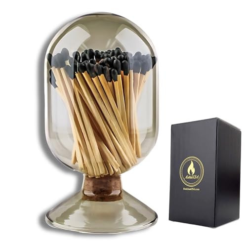 INCLUDES MATCHES ! | Smoke Gray Glass Matches Cloche | Grey Tinted Decorative Match Holder Jar for Candles Set Display (Black Matches) | Amazon (US)