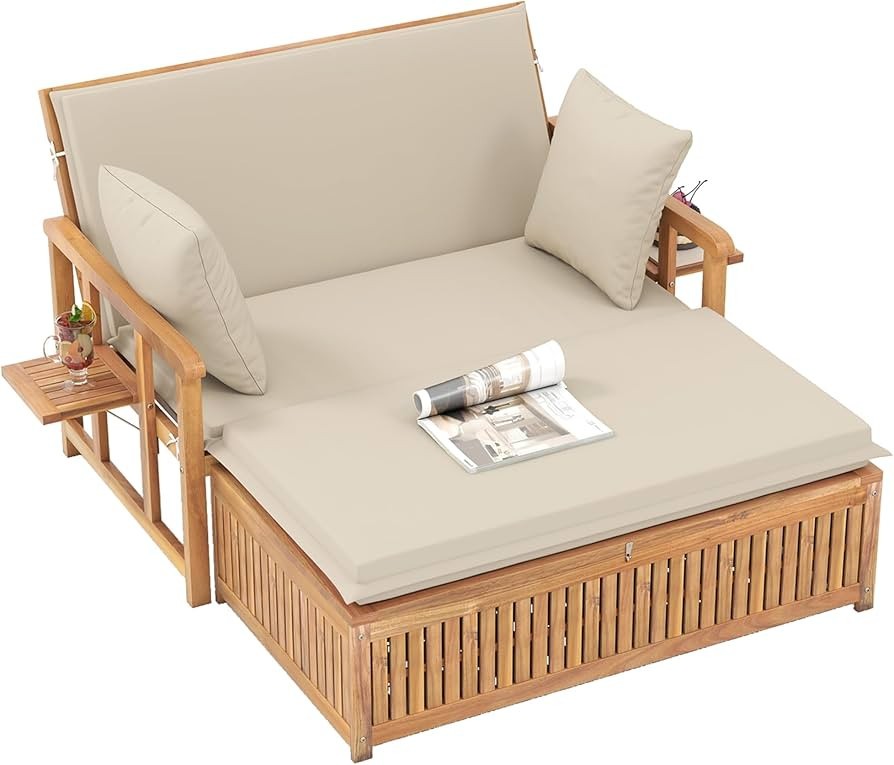 Tangkula Outdoor Acacia Wood Daybed with Storage Ottoman, Wood Patio Loveseat Sofa with 4-Level B... | Amazon (US)