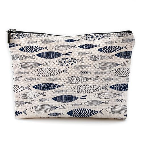 Yomisex Blue Fish Makeup Bag,Gifts for Fishing Lovers,Fish Gifts Makeup Pencil Pouch for Women Men,Fishing Lake Beach Cosmetic Bags Toiletry Bag-White | Amazon (US)