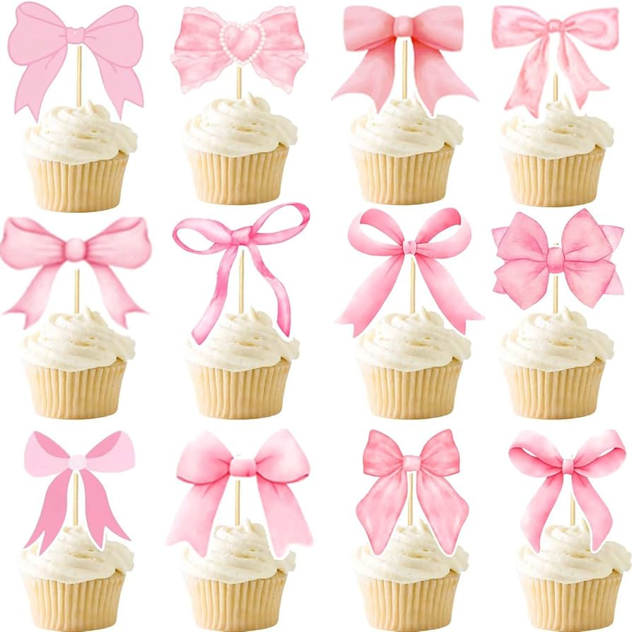 24PCS Coquette Bow Cupcake Toppers, Pink Bow Coquette Birthday Cake Decorations for Bachelorette ... | Amazon (US)