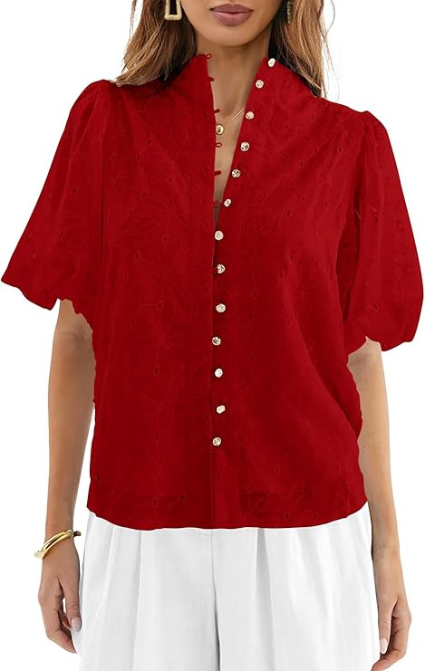 Lazysmile Summer Boho Tops for Women Short Sleeve V Neck Button Down Hollow Out Lace Embroidered ... | Amazon (US)