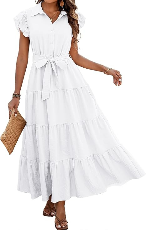 dowerme Women's Summer Casual Dresses 2025 Cap Ruffle Sleeve V Neck Button Belted Tiered Boho Max... | Amazon (US)