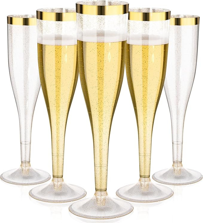 Goodluck 36 Pack 6.5 oz Plastic Gold Glitter Champagne Flutes with Gold Rim, Disposable Champagne... | Amazon (US)
