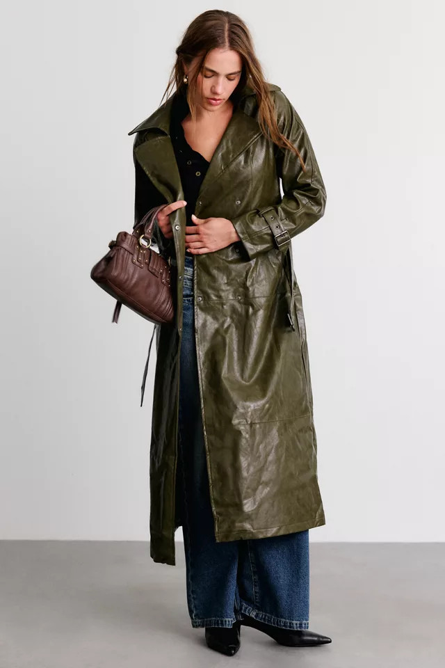 Azalea Wang Coren Long Faux Fur Trench Coat Jacket in Olive, Women's at Urban Outfitters | Urban Outfitters (US and RoW)