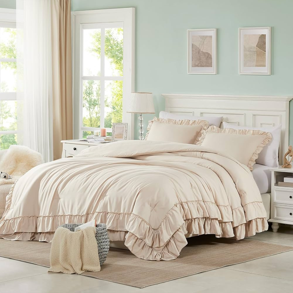 Cupocupa Beige Queen Comforter Set, 3Pcs Comforters Ruffle Farmhouse Bedding Sets Queen with Comf... | Amazon (US)