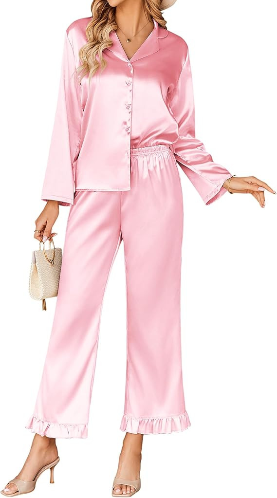 Ekouaer Silk Satin Pajamas Set Womens Long Sleepwear Button Down 2 Piece Classic Soft Loungewear ... | Amazon (US)