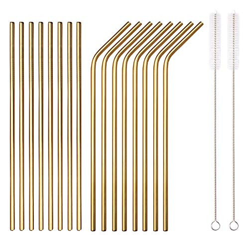 18 Piece Gold Stainless Steel Straws, 8.5 '' Reusable Drinking Straws,with Portable pouch,Suitable for wine and cold drinks (8 Straight/8 Bent/2 Brushes) | Amazon (US)