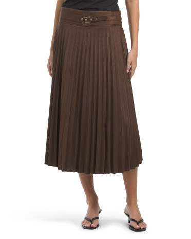 Faux Suede Pleated Belted Skirt, Polyester/Suede | TJ Maxx