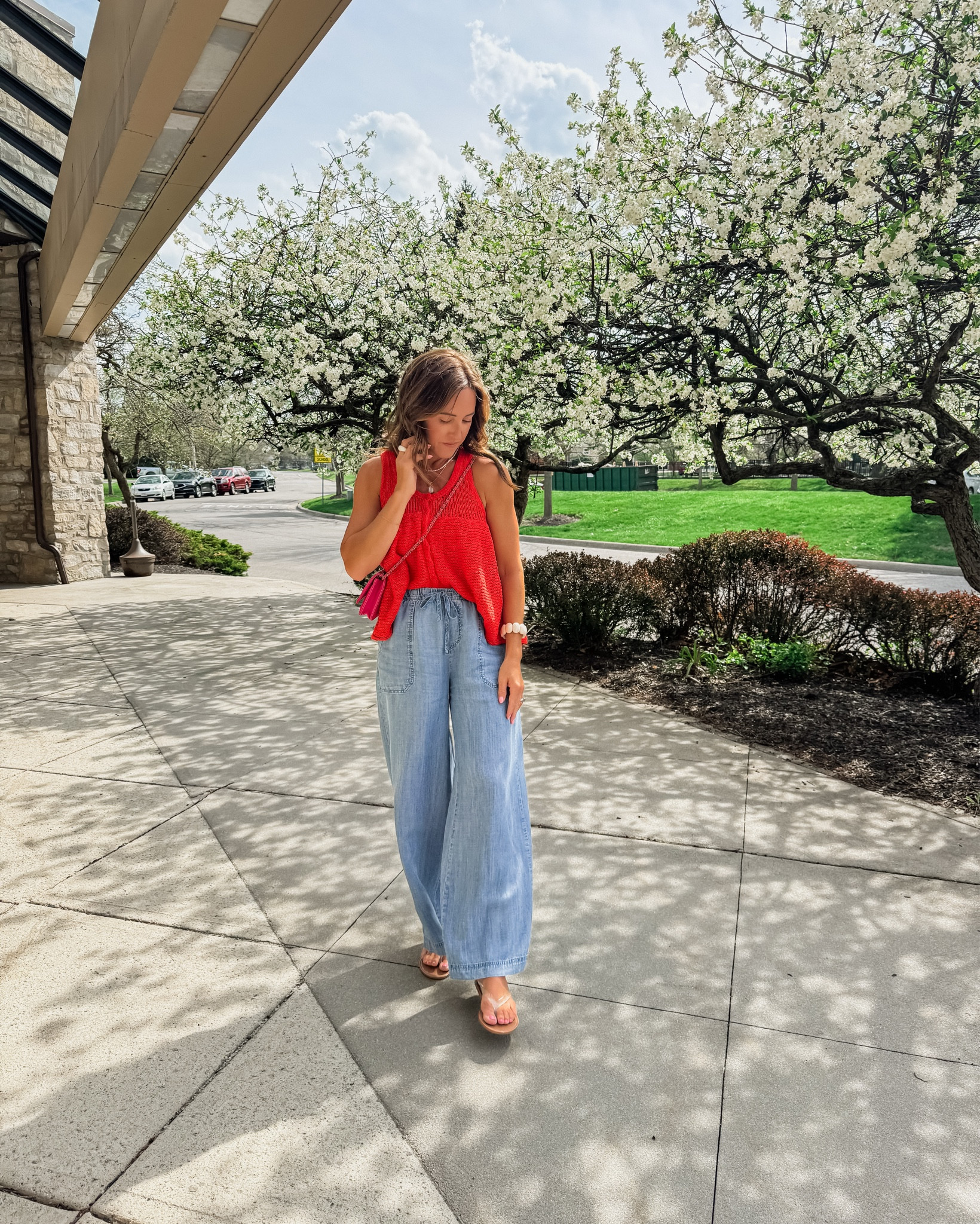 Warm weather easy. ☀️☀️
XS sweater tank
XS chambray pants  
Borrow a designer bag at Vivrelle/ code: TWOPEAS for 1st month FREEE

#LTKOver40 #LTKmomlife #LTKSeasonal