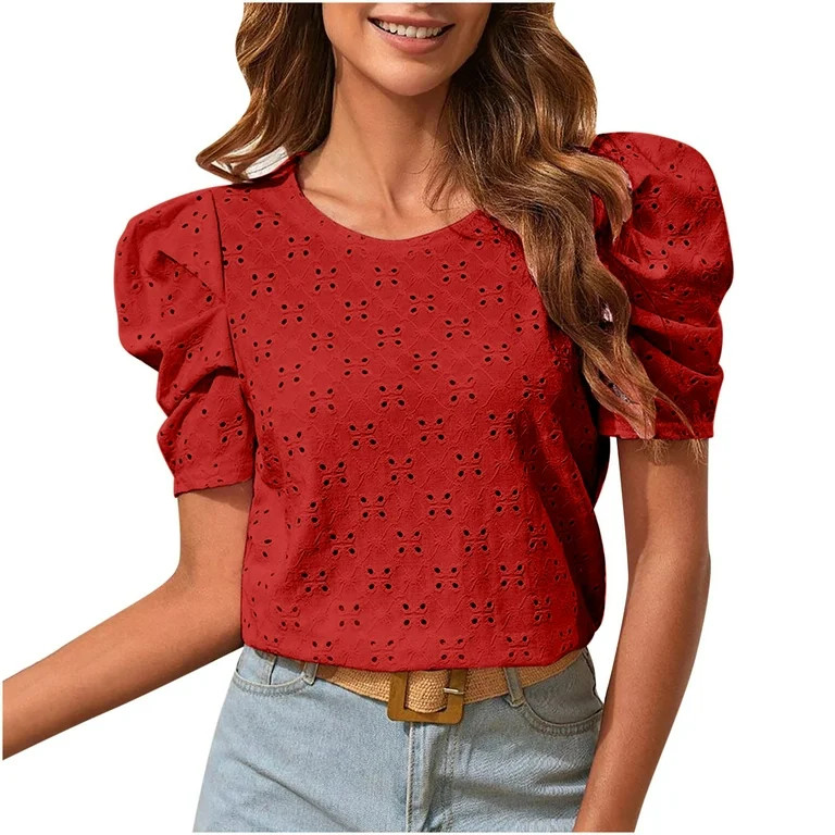 Timegard Tops for Women Round Neck Eyelet Puff Short Sleeve Ruched Dressy Casual Loose Shirts Top... | Walmart (US)