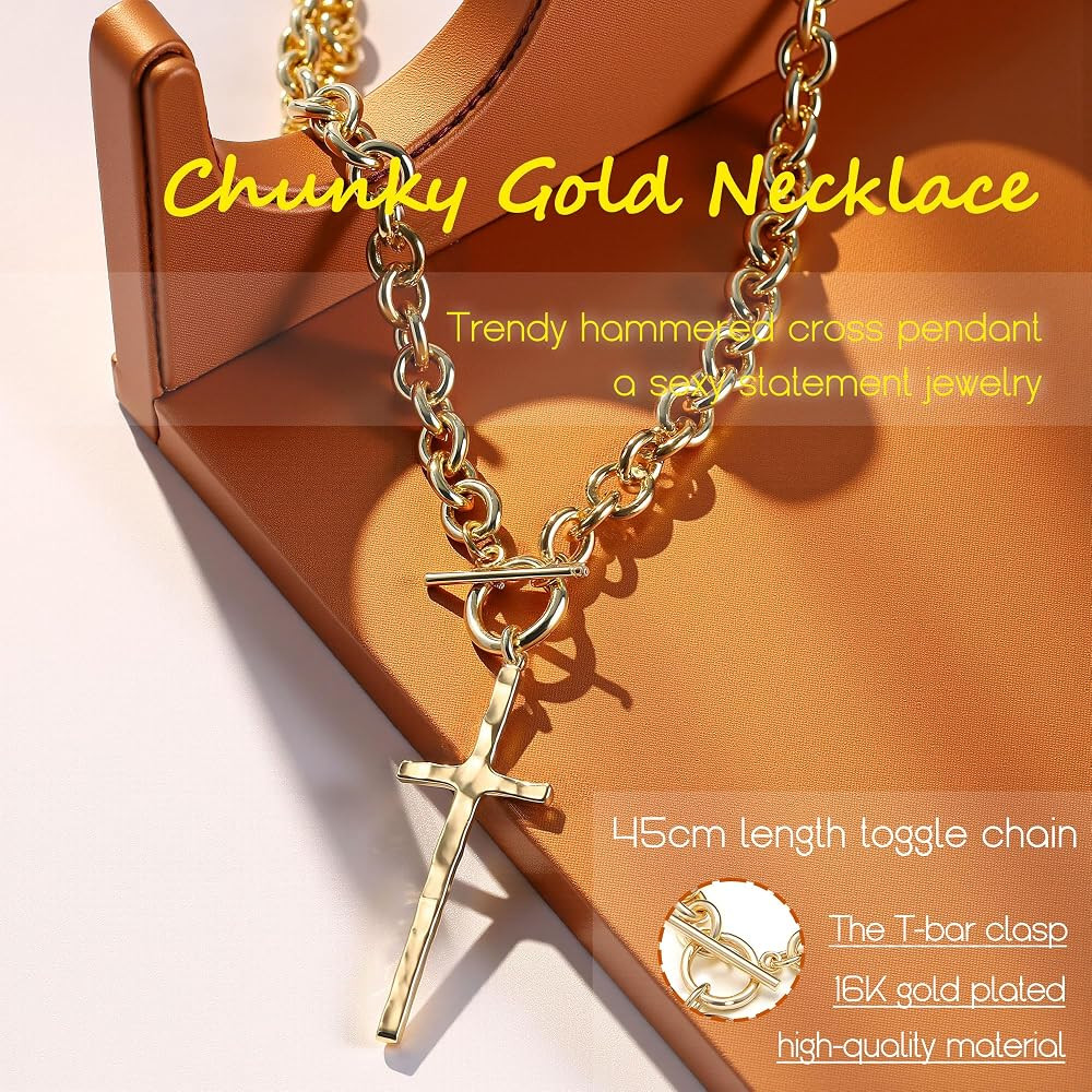 Krfy Valentines Day Gifts for Women Hers Gold Chunky Heart Necklace for Women, Hammered Cross Nec... | Amazon (US)