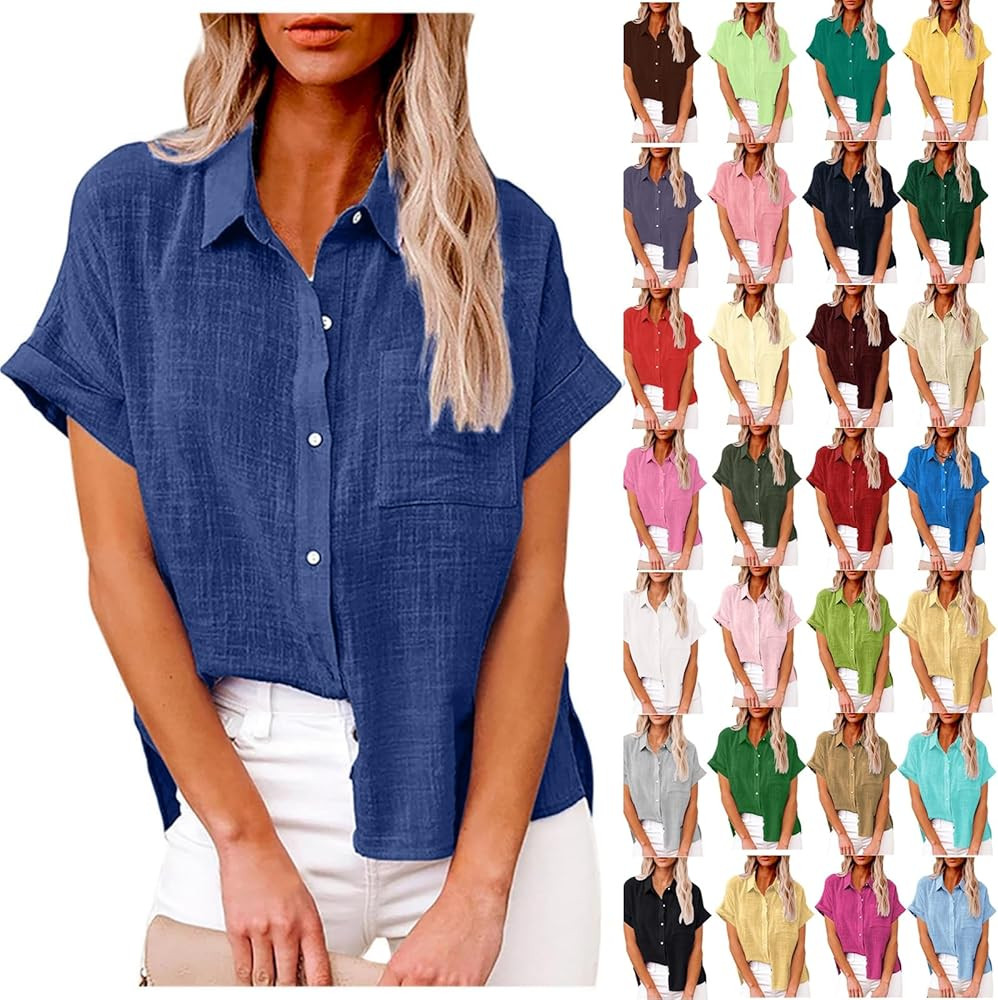 Cotton Linen Shirts for Women Summer Short Sleeve Casual Collared top Loose fit Solid V Neck Butt... | Amazon (US)
