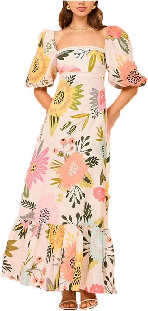Women's Boho Floral Maxi Dress Short Sleeve Square Neck Ruffle A Line Long Sun Dresses | Amazon (US)