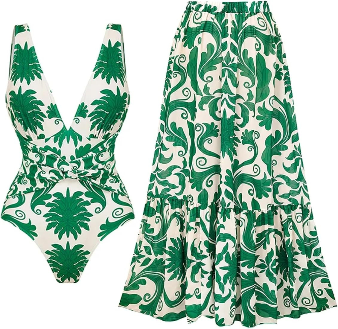 FLAXMAKER Traje de baño para mujer con estampado cruzado y falda con cuello en V y control de ab... | Amazon (US)