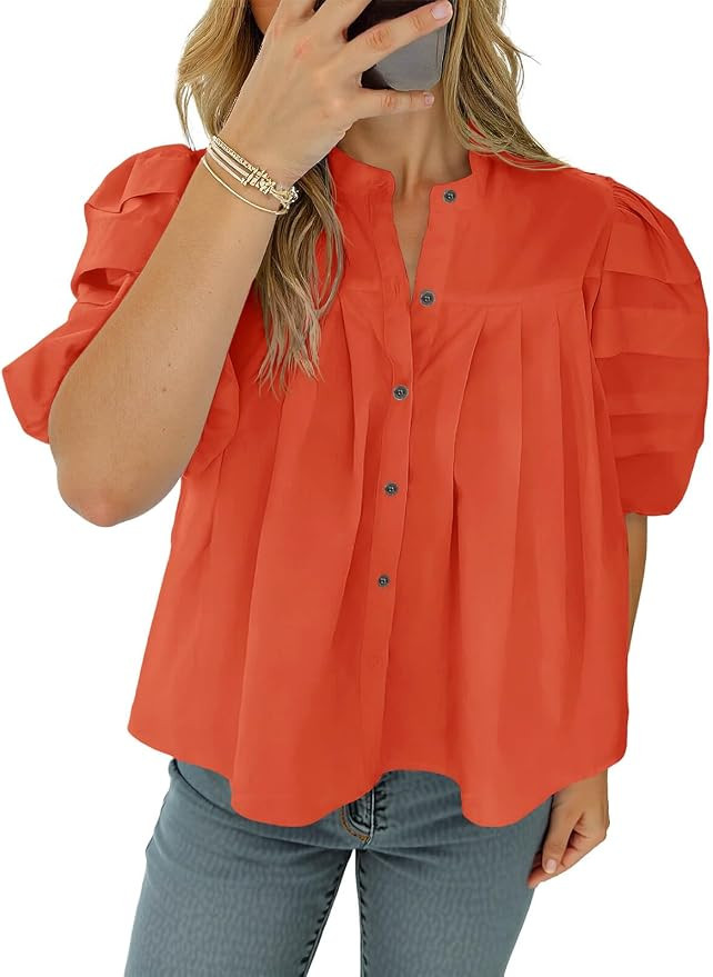 Tankaneo Womens Puff Short Sleeve Button Down Shirts Cotton Pleated Babydoll Blouses Trendy Casua... | Amazon (US)