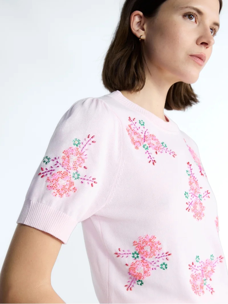Free Assembly Women's and Women's Plus Beaded Floral Sweater with Puff Sleeves, Lightweight, Size... | Walmart (US)