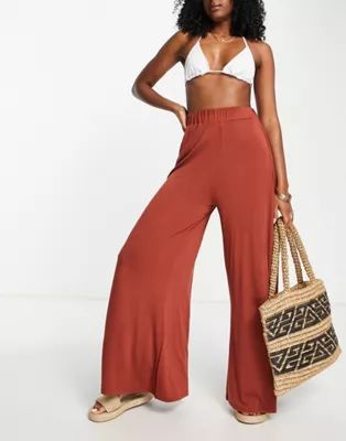 ASOS DESIGN jersey palazzo beach pants in brown | ASOS (Global)