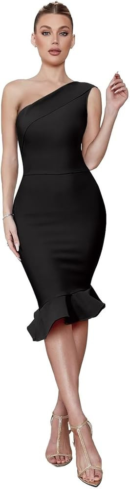 meilun Evening Dress One Shoulder Ruffle Package Hip Banquet Style Slim Short Sleeve Long Party D... | Amazon (US)