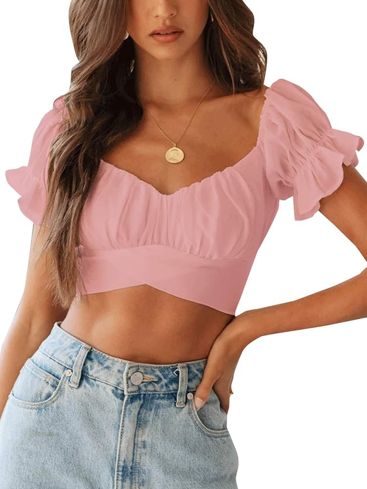 LYANER Women's Ruffle Short Sleeve Tie Up Back Crop Top Off Shoulder Bardot Blouse | Amazon (US)