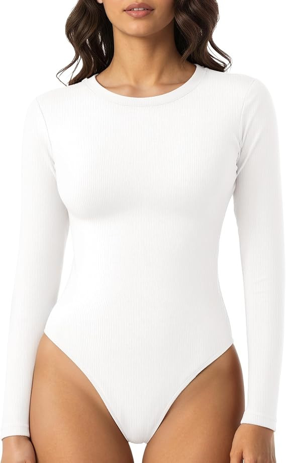 Womens Long Sleeve Crew Neck Body Suits Fall Ribbed Knit Thong Bodysuits Shirts Basic Tops 2025 | Amazon (US)