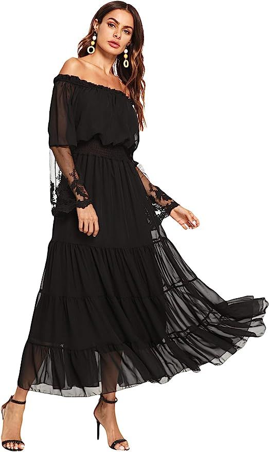 Milumia Women's Off Shoulder Lace Contrast Ruffle Mesh Sleeve Shirred High Waist Maxi Dress | Amazon (US)