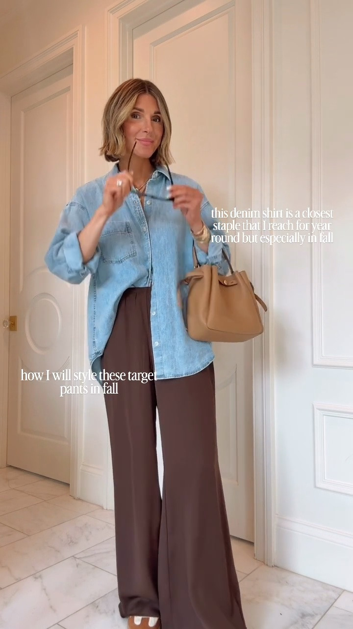 How I'm staring these wide leg pants from target that look and feel expensive. I suggest sizing down one size I'm an extra small. This denim shirt is one of my closet staples that I reach for year-round especially during fall. I'm wearing size small and if it's oversized.