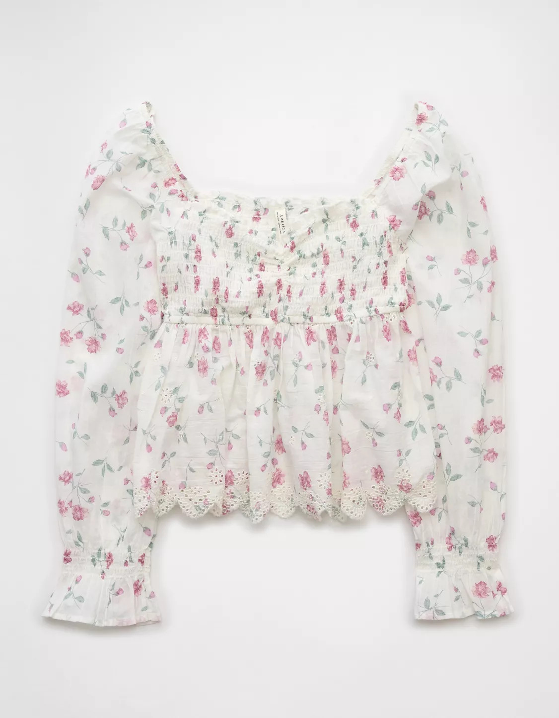 AE Long-Sleeve Smocked Babydoll Blouse | American Eagle Outfitters (US & CA)