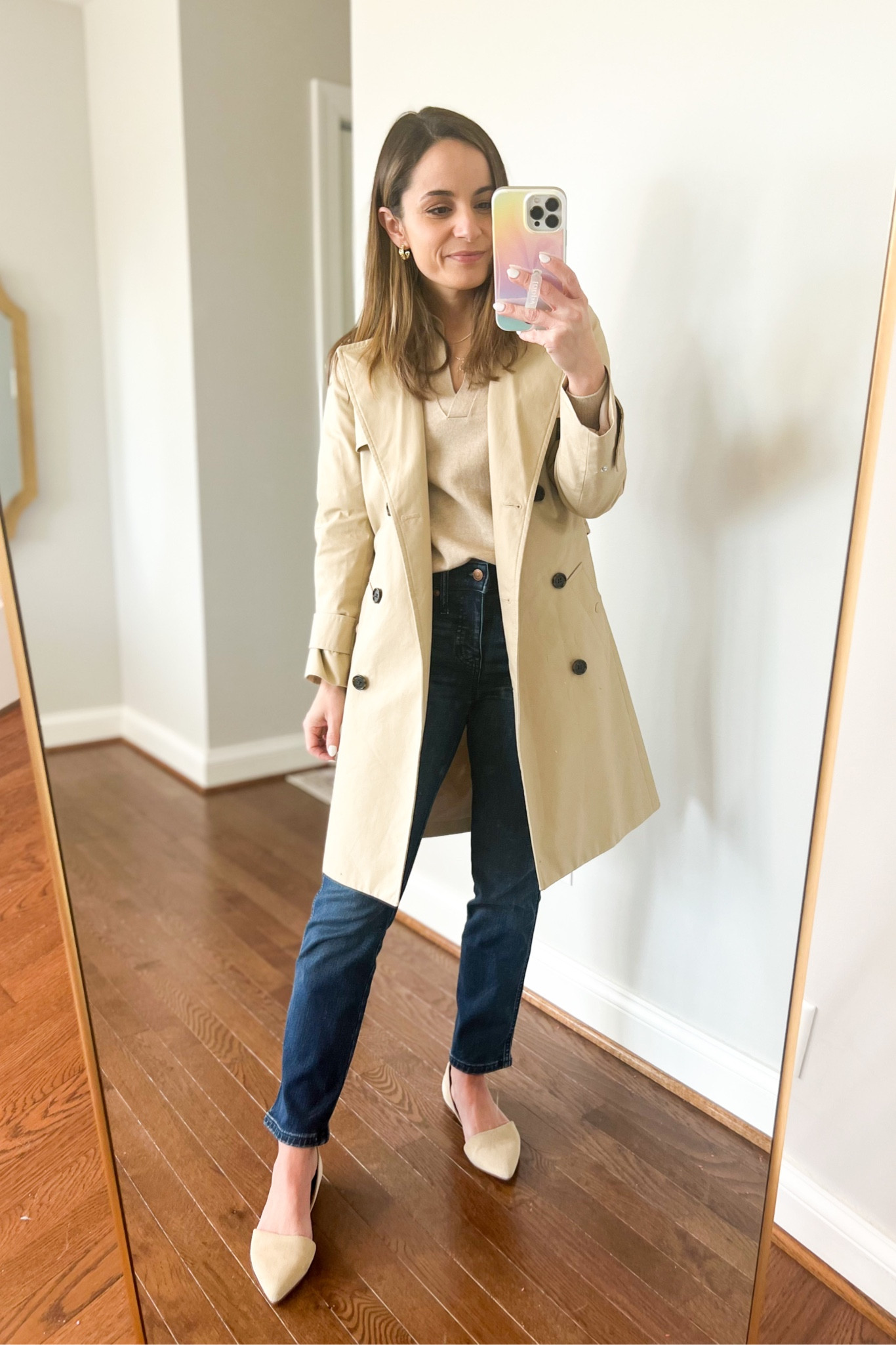 Wearing today 

Sweater xxs 
Jeans petite 24 
Trench coat (linking similar option as well) petite xxs/00 
