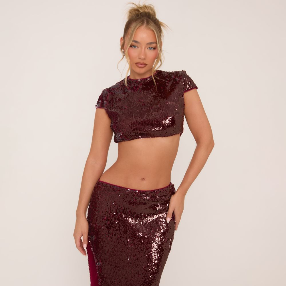 Short Sleeve High Neck Cropped Top In Burgundy Sequin | EGO (UK)