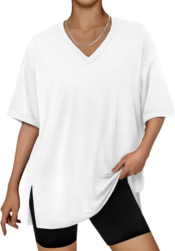 Trendy Queen Oversized Tshirts for Women Workout Plus Size Tops V Neck Short Sleeve Gym Shirts Ca... | Amazon (US)