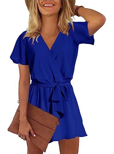 REORIA Womens Summer V Neck Ruffles Short Sleeve Belted Wrap Short Jumpsuit Rompers | Amazon (US)