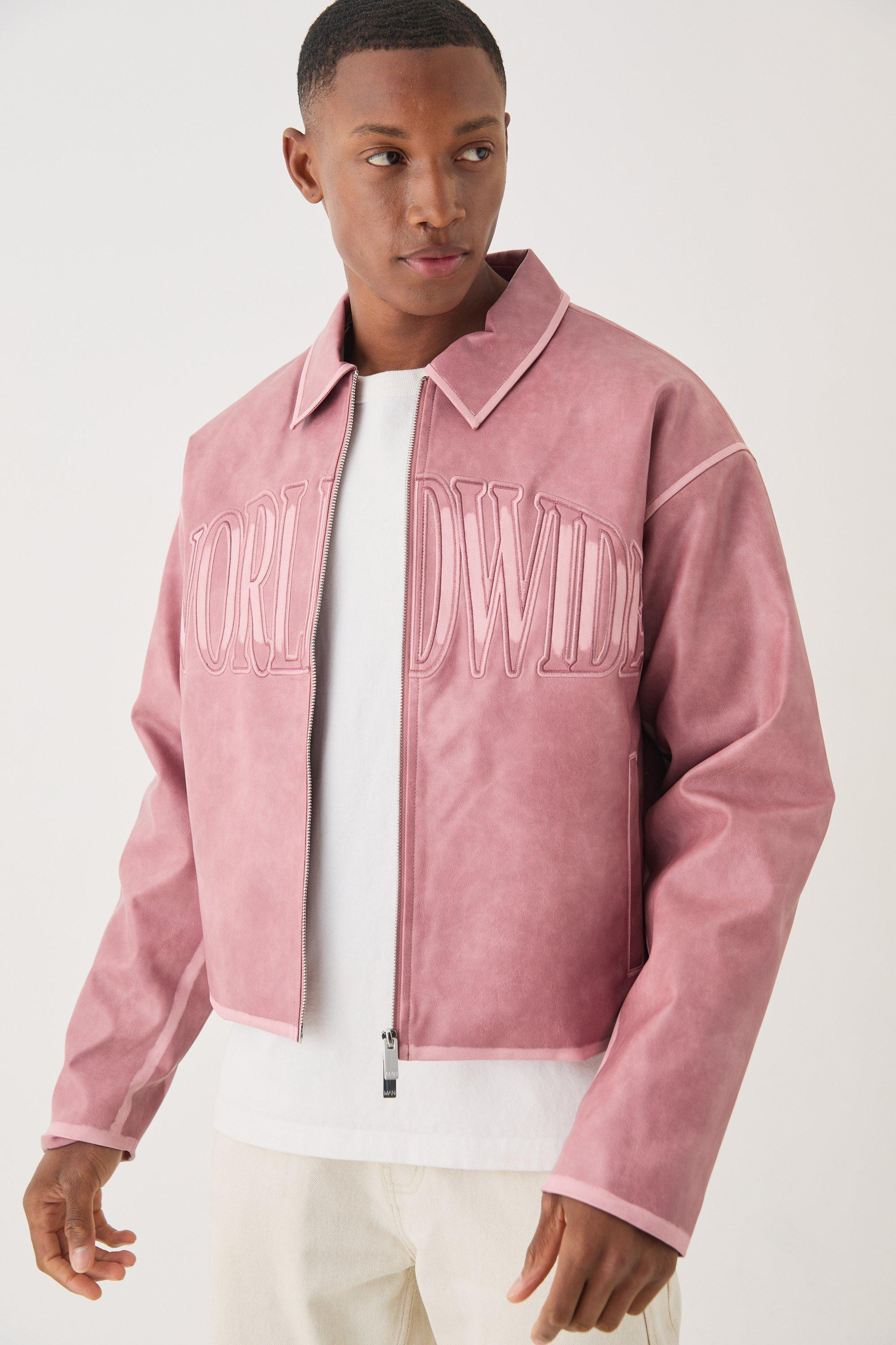 Boxy Tumble PU Applique Harrington Jacket In Pink | BoohooMAN AU
