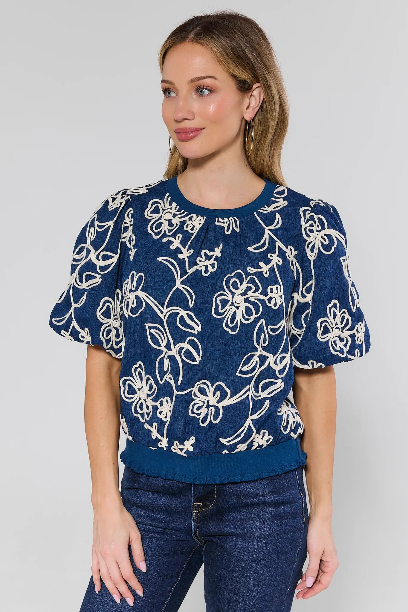 Aurelia Navy Floral Embroidered Top | Avara