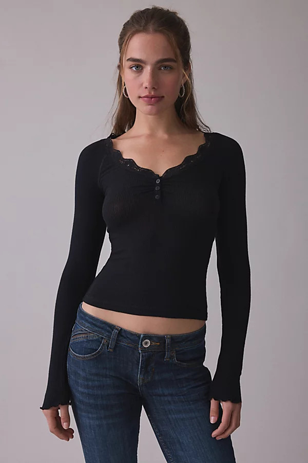 Out From Under Diana Layering Lace-Trim Henley Top in Black, Women's at Urban Outfitters | Urban Outfitters (US and RoW)