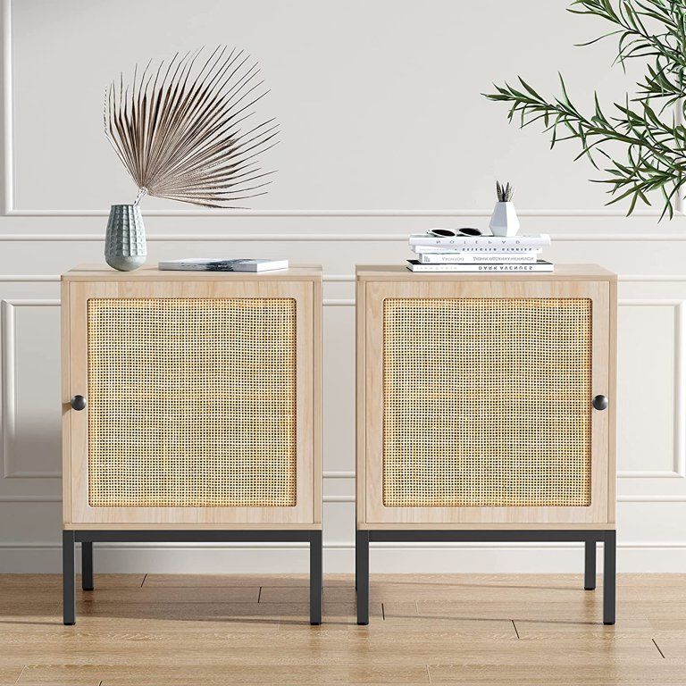 WEI Rattan Nightstands Set of 2  End Tables  Wooden Bedside Table  Rattan Side Table with Metal L... | Walmart (US)