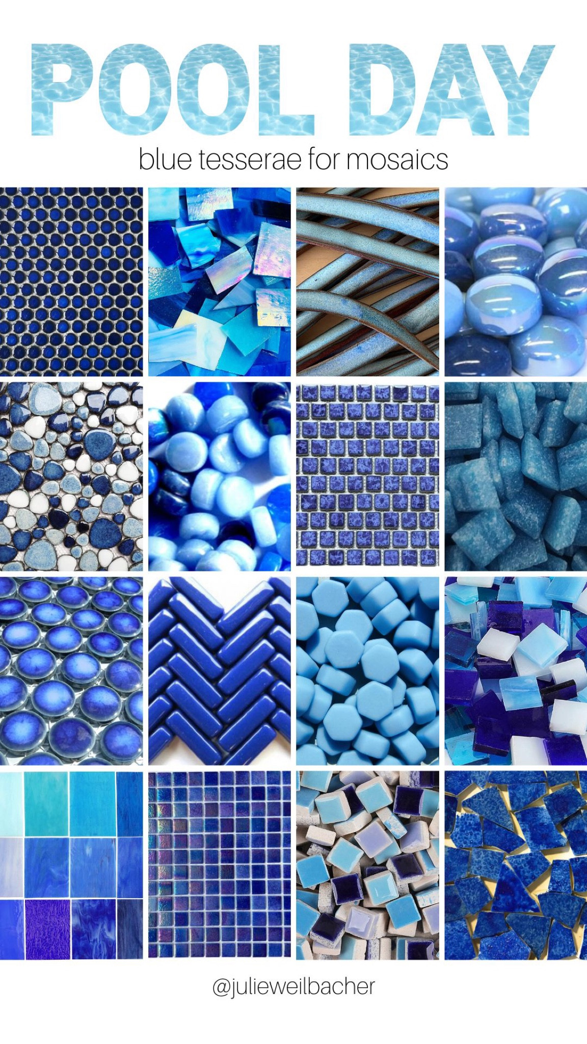 Beloved pool days of summer inspired this group of blue mosaic tesserae. Choose from penny tile, stained glass, handmade ceramics, glass gems, freeform ceramics, glass dot, ceramic tile, vitreous tile, hexagon mosaic tile, iridescent glass, and broken pieces of ceramic. Lots of dreamy shades and materials!

For mosaic tips, tutorials, inspiration, and so much more please visit my YouTube channel: YouTube.com/julieweilbacher. 

Follow @julieweilbacher on Instagram for all things mosaic including mixed media mosaic, mixed media art, mosaic art, stained glass art, stained glass mosaic, art space, art studio, mosaic studio, mosaic workshop, art workshop, mosaic tesserae, mosaic materials, mosaic tile, mosaic glass tile, glass tile, stained glass, vitreous glass, mosaic home decor, mosaic crafts, beginner art, beginner mosaic, fine crafts, broken tile crafts, broken tile mosaics, broken tile art, pique assiette, pique assiette mosaic, piccassiette, pool, pool decor, blue, blue glass, blue ceramics, blue tile.

#LTKhome #LTKFind #LTKSeasonal