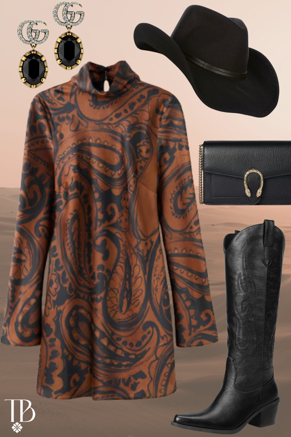 Western glam outfit details: paisley mini dress, tall black boots, rancher hat, Gucci earrings & clutch.

 

 #LTKootd #LTKSeasonal #LTKTravel