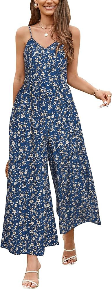 LAISHEN Wide Leg Jumpsuits for Women Dressy Casual 2024 Summer Rompers Smocked Sleeveless Floral ... | Amazon (US)