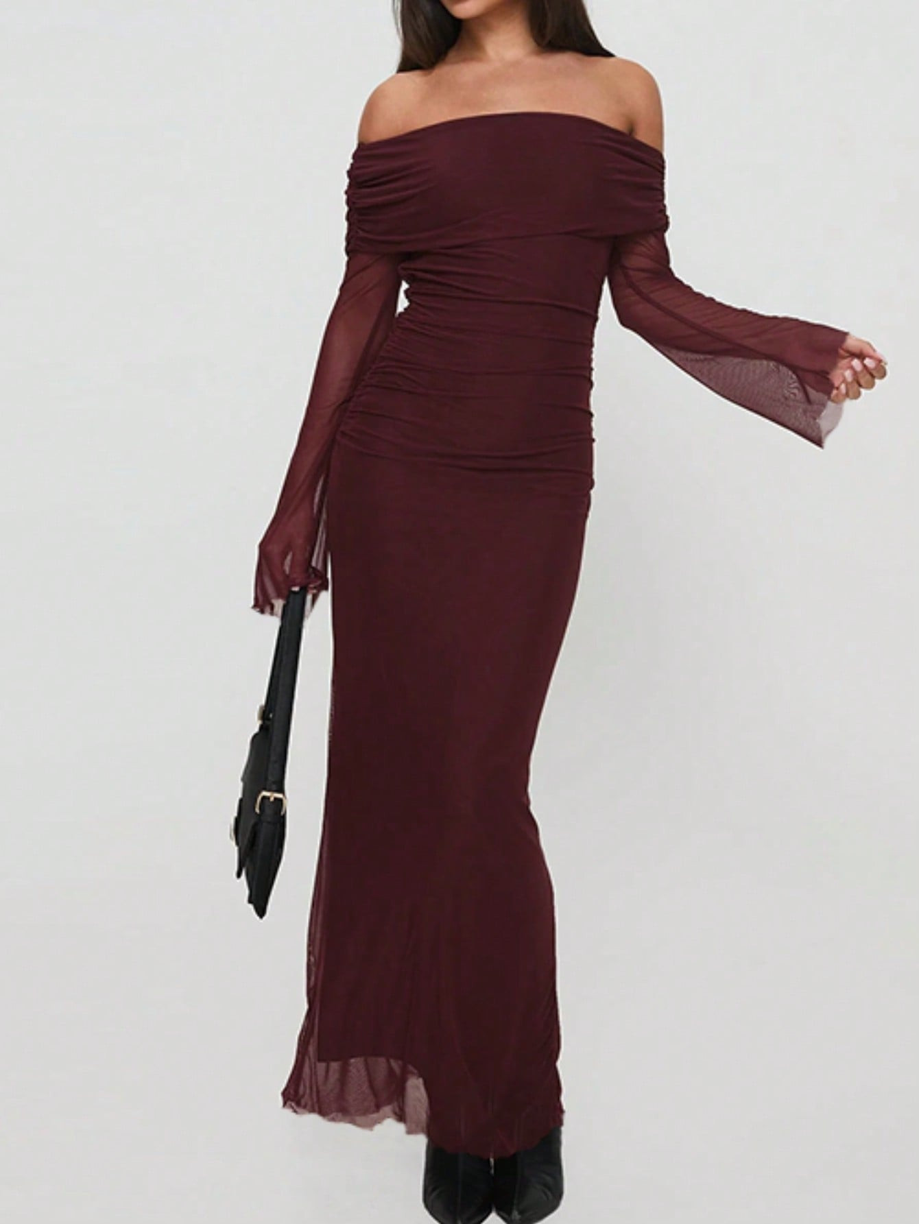 Spring-Autumn Sexy Solid Color Mesh Off Shoulder Dress | SHEIN